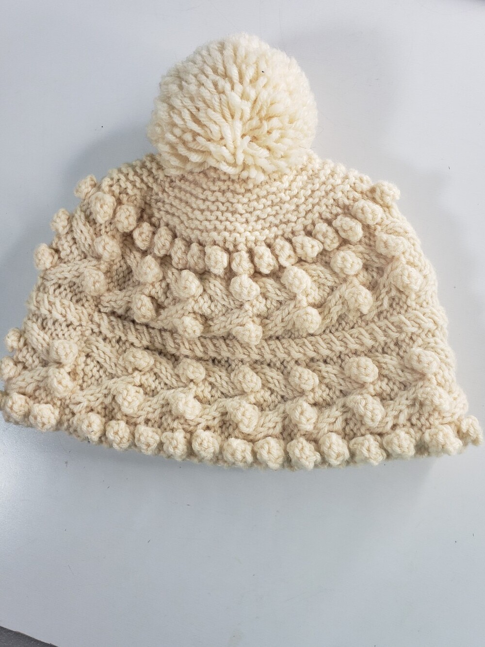 Hand Knit Crochet Bobble Beanie Pompom Hat Cap Cream OS Fall Winter Whimsical